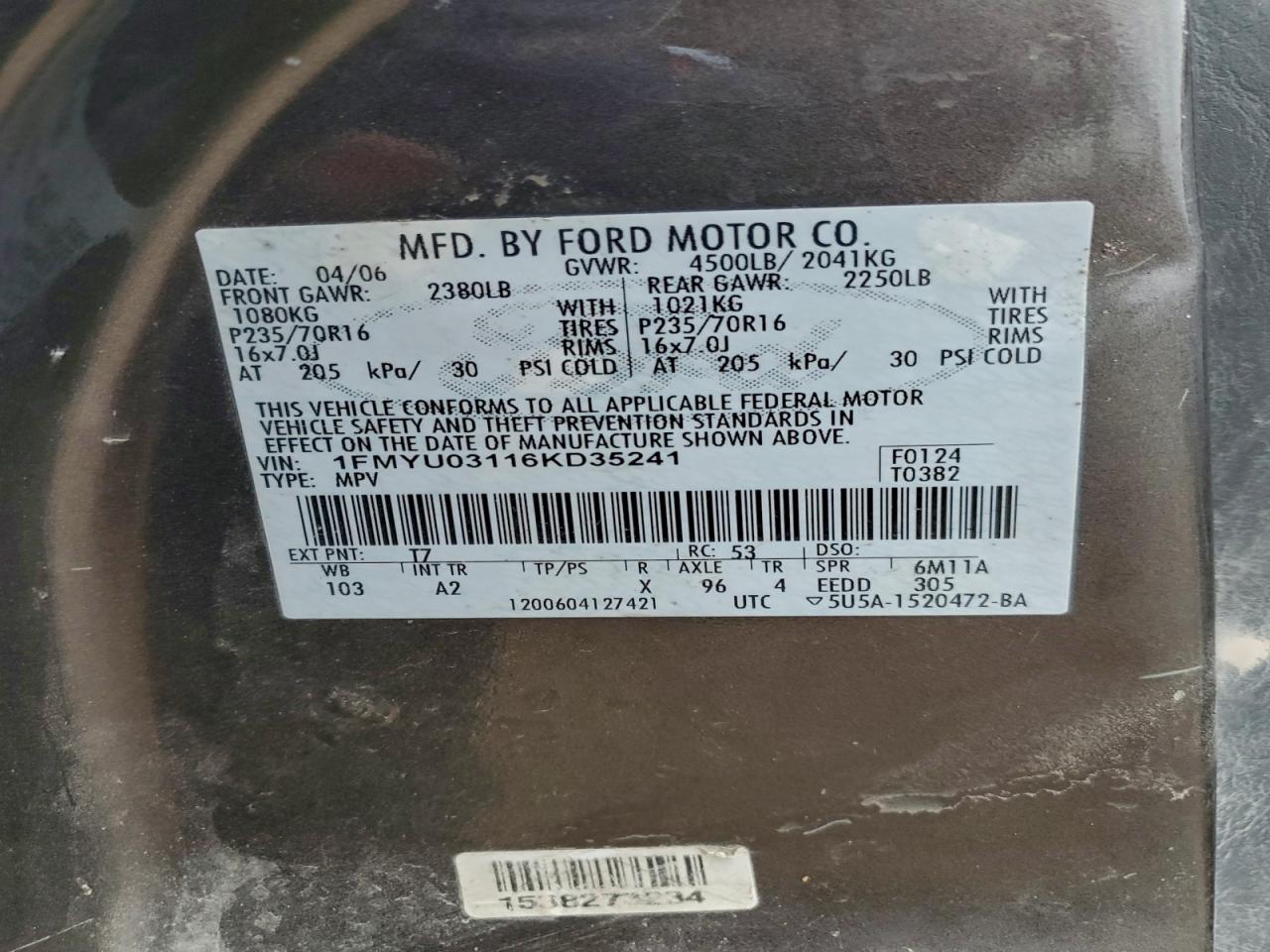 2006 Ford Escape Xlt VIN: 1FMYU03116KD35241 Lot: 94182785