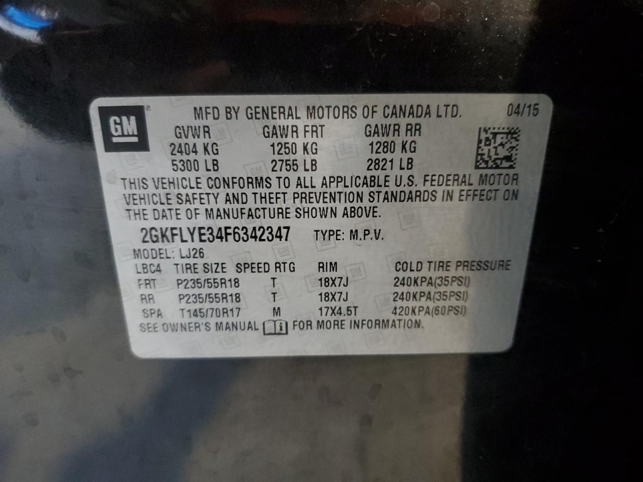 2015 GMC Terrain Slt VIN: 2GKFLYE34F6342347 Lot: 91384635