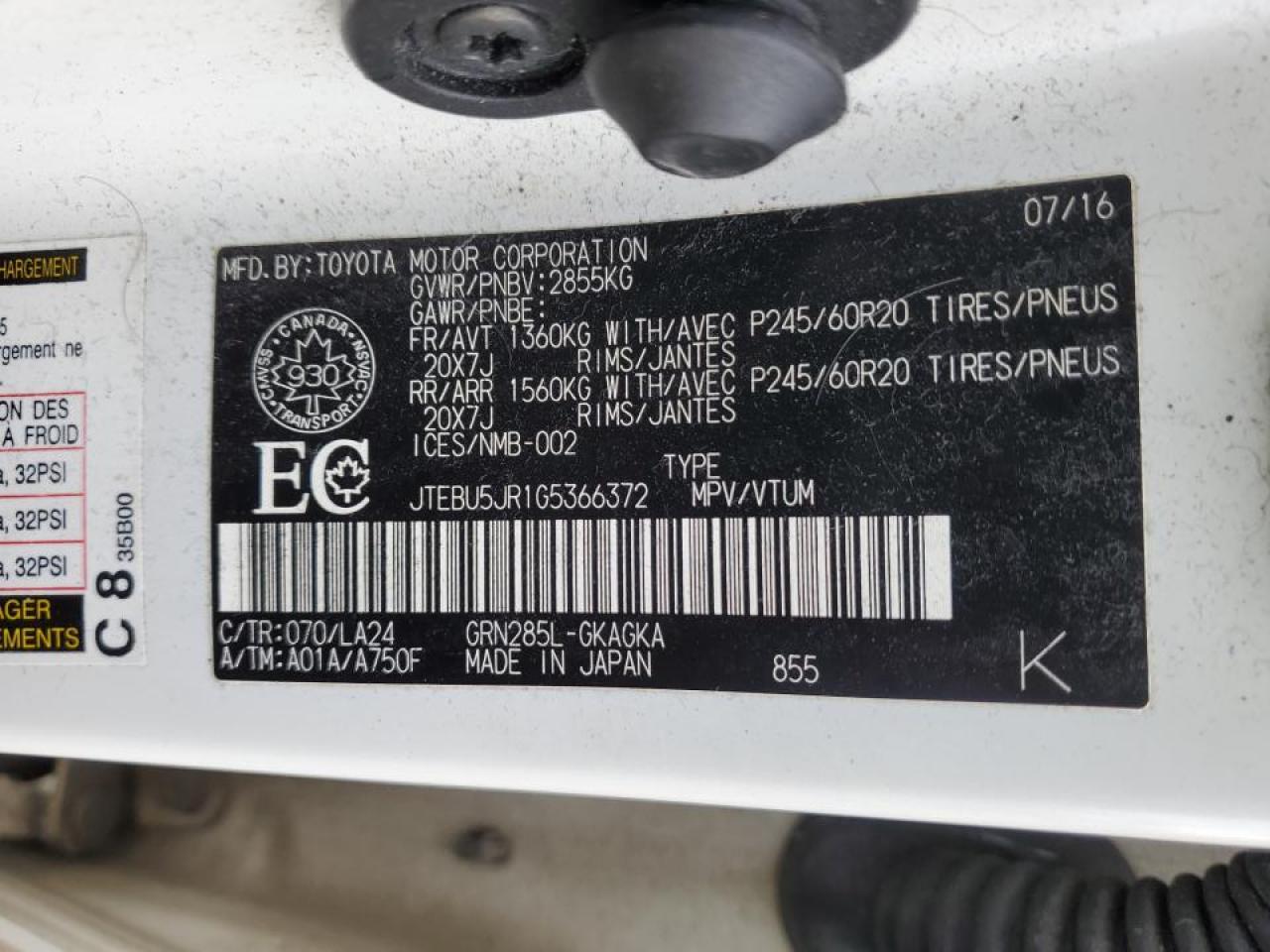 2016 Toyota 4Runner Sr5/Sr5 Premium VIN: JTEBU5JR1G5366372 Lot: 91557385