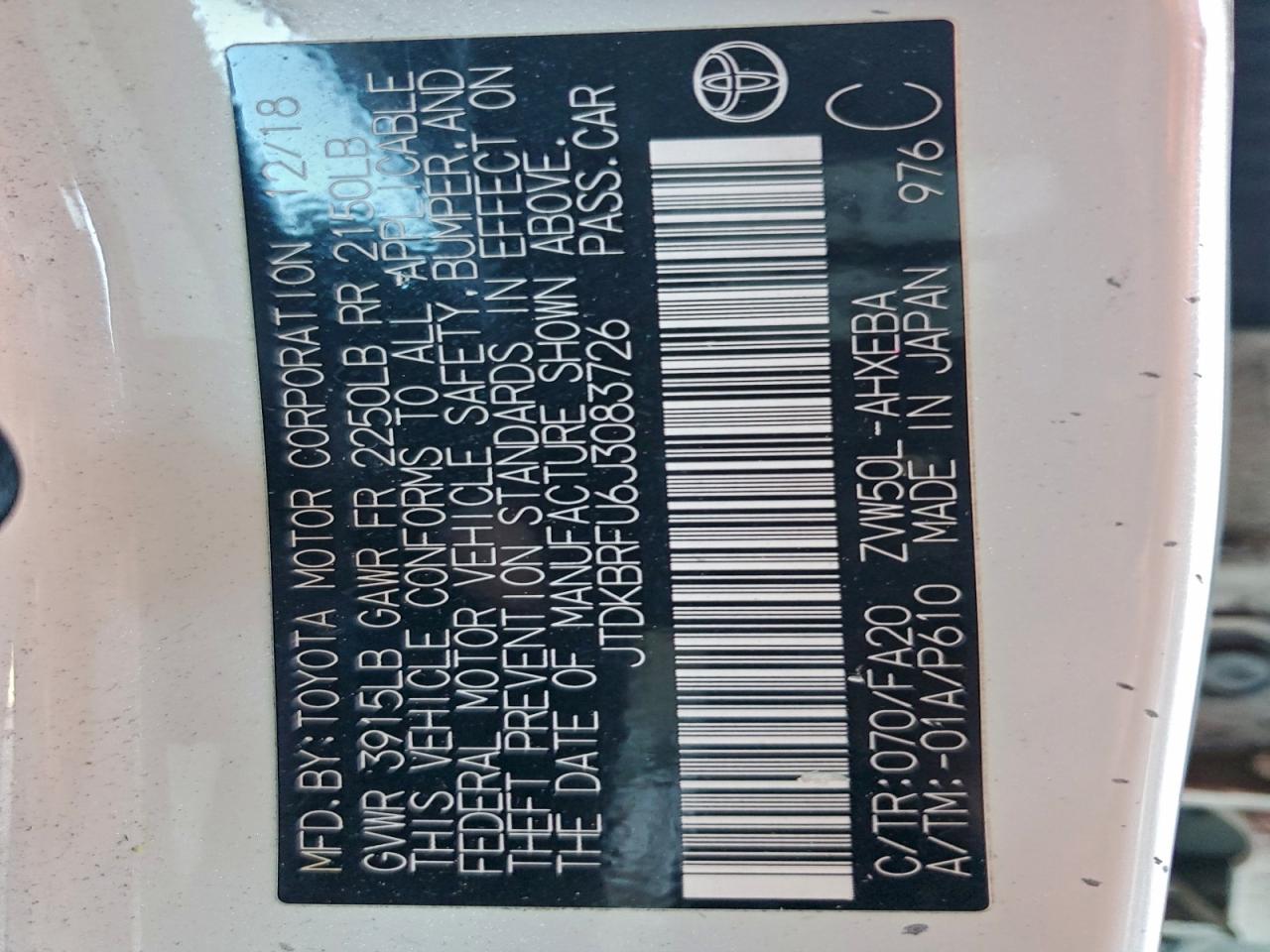 2018 Toyota Prius VIN: JTDKBRFU6J3083726 Lot: 94125185