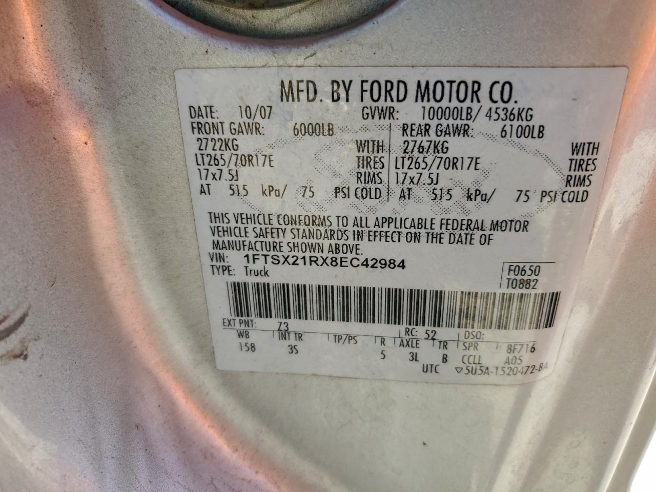 2008 Ford F250 Super Duty VIN: 1FTSX21RX8EC42984 Lot: 90072325