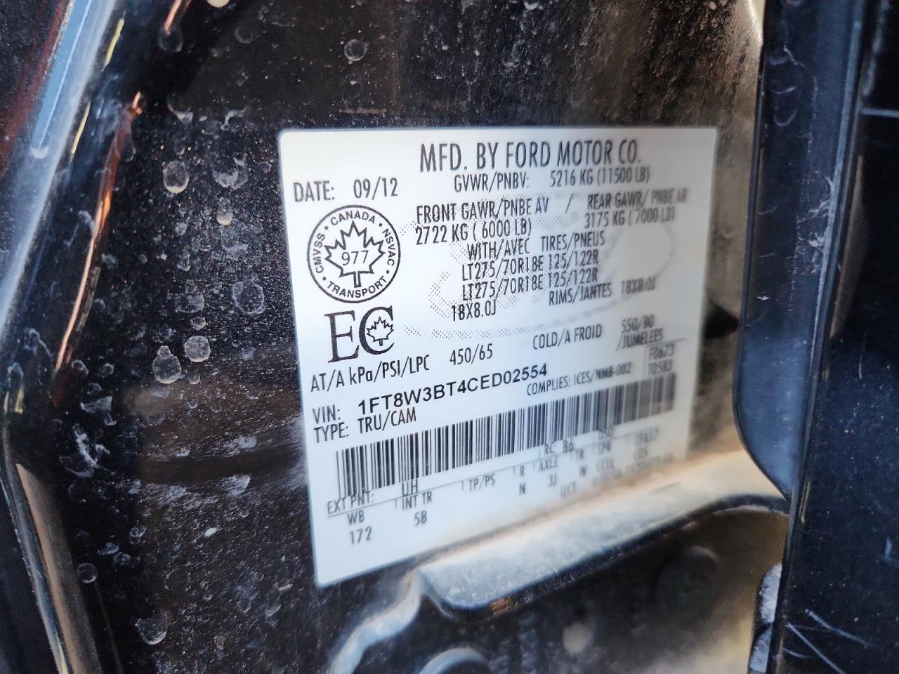 2012 Ford F350 Super Duty VIN: 1FT8W3BT4CED02554 Lot: 90948775