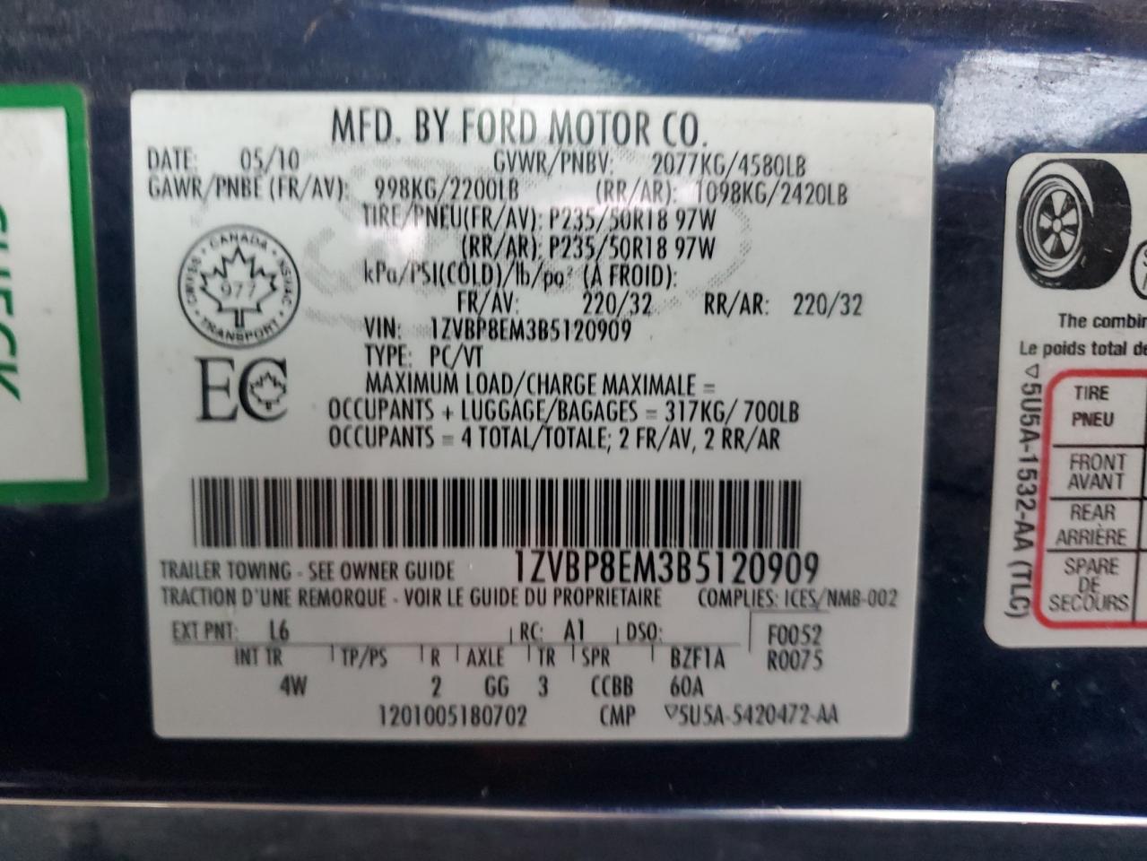 2011 Ford Mustang VIN: 1ZVBP8EM3B5120909 Lot: 91776735