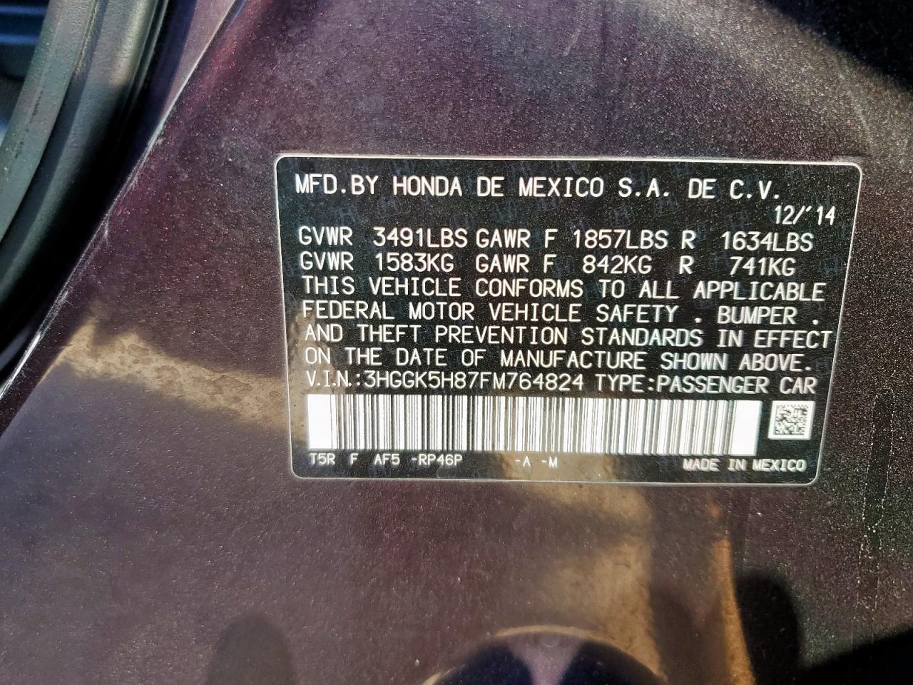 2015 Honda Fit Ex VIN: 3HGGK5H87FM764824 Lot: 91286535