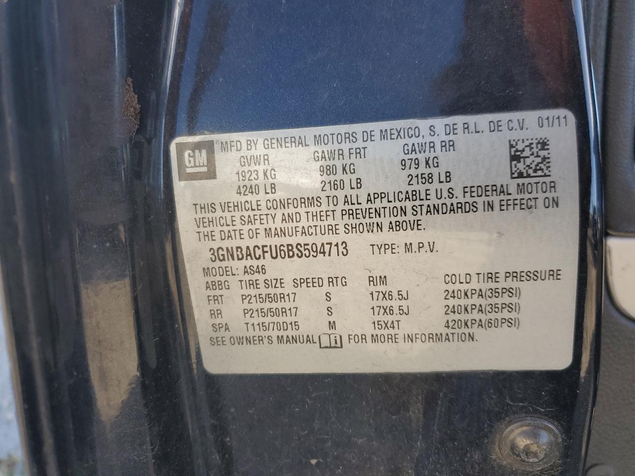 2011 Chevrolet Hhr Lt VIN: 3GNBACFU6BS594713 Lot: 92311135