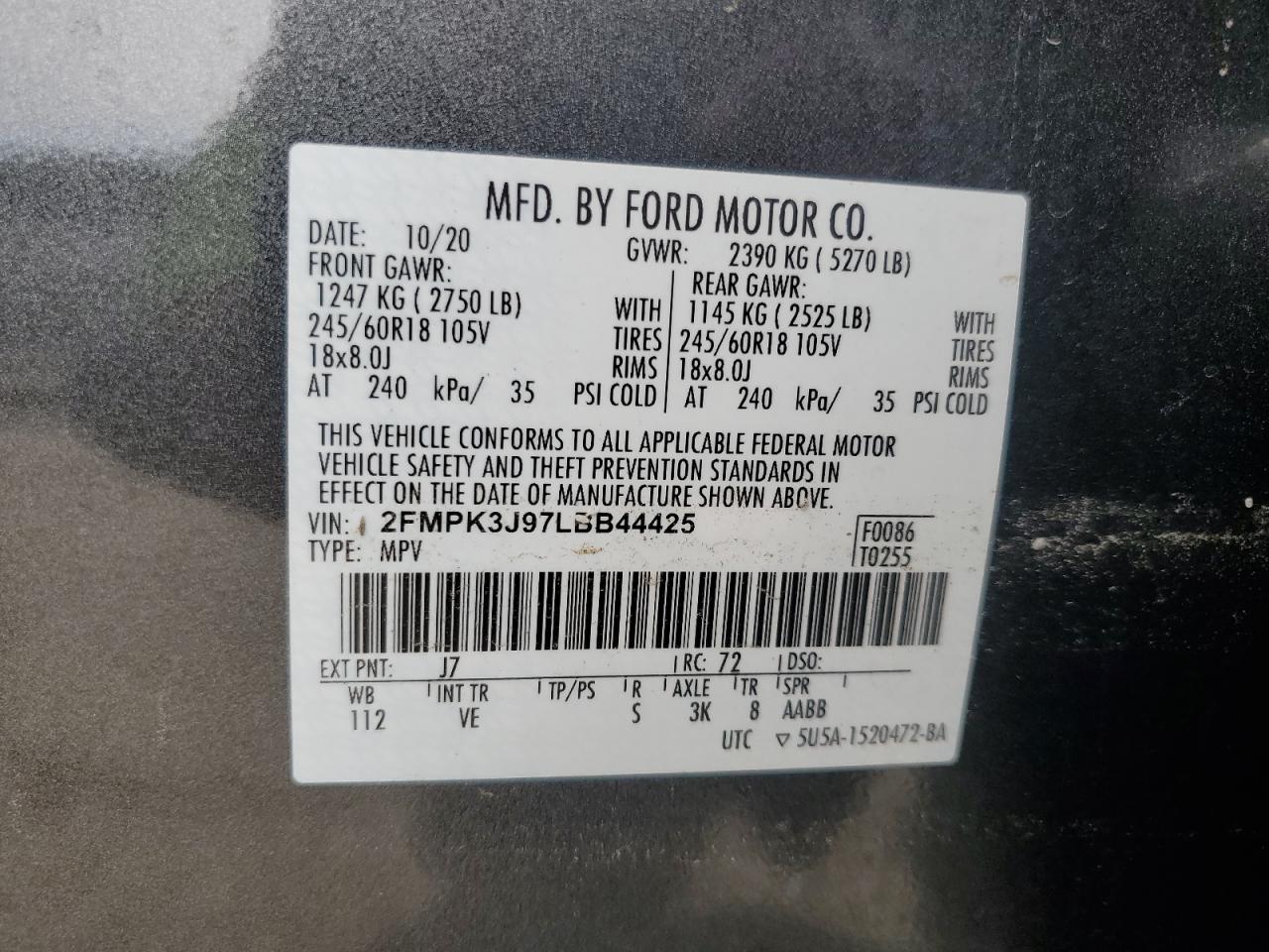 2020 Ford Edge Sel VIN: 2FMPK3J97LBB44425 Lot: 90753465