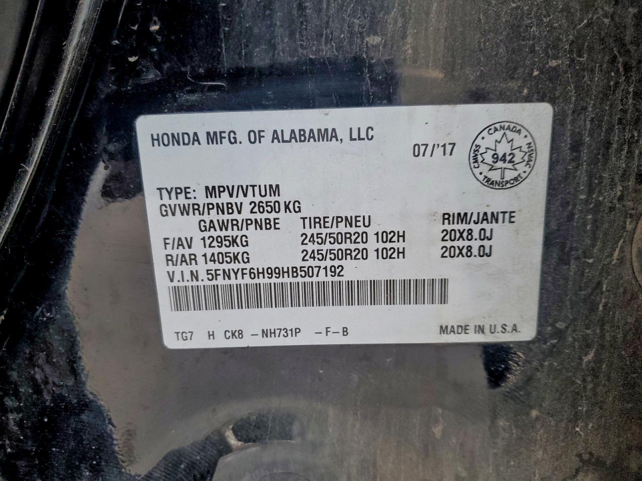 2017 Honda Pilot Touring VIN: 5FNYF6H99HB507192 Lot: 93675325