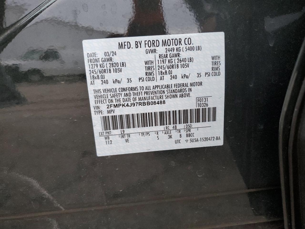 2024 Ford Edge Sel VIN: 2FMPK4J97RBB08488 Lot: 90793925