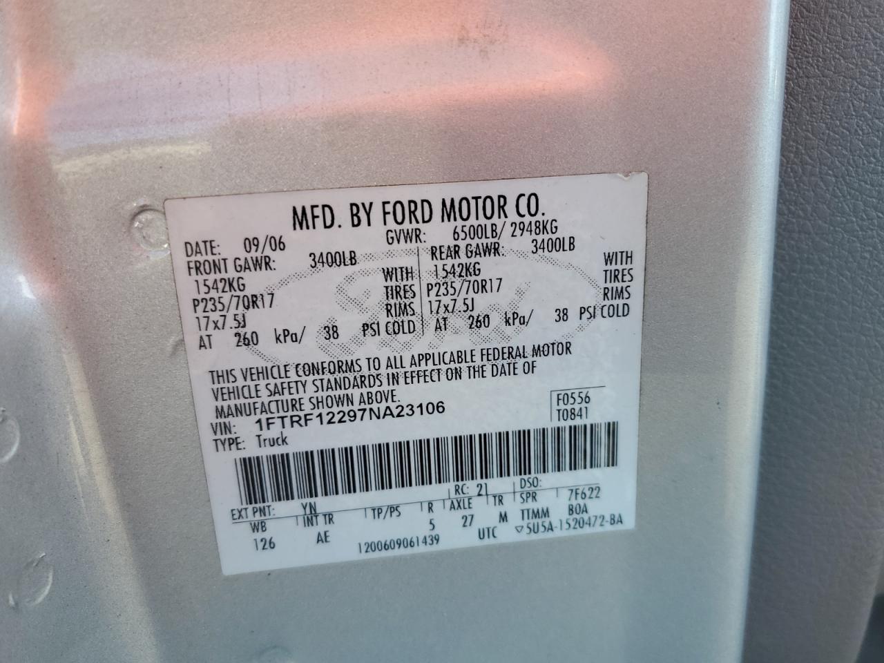 2007 Ford F150 VIN: 1FTRF12297NA23106 Lot: 93508985