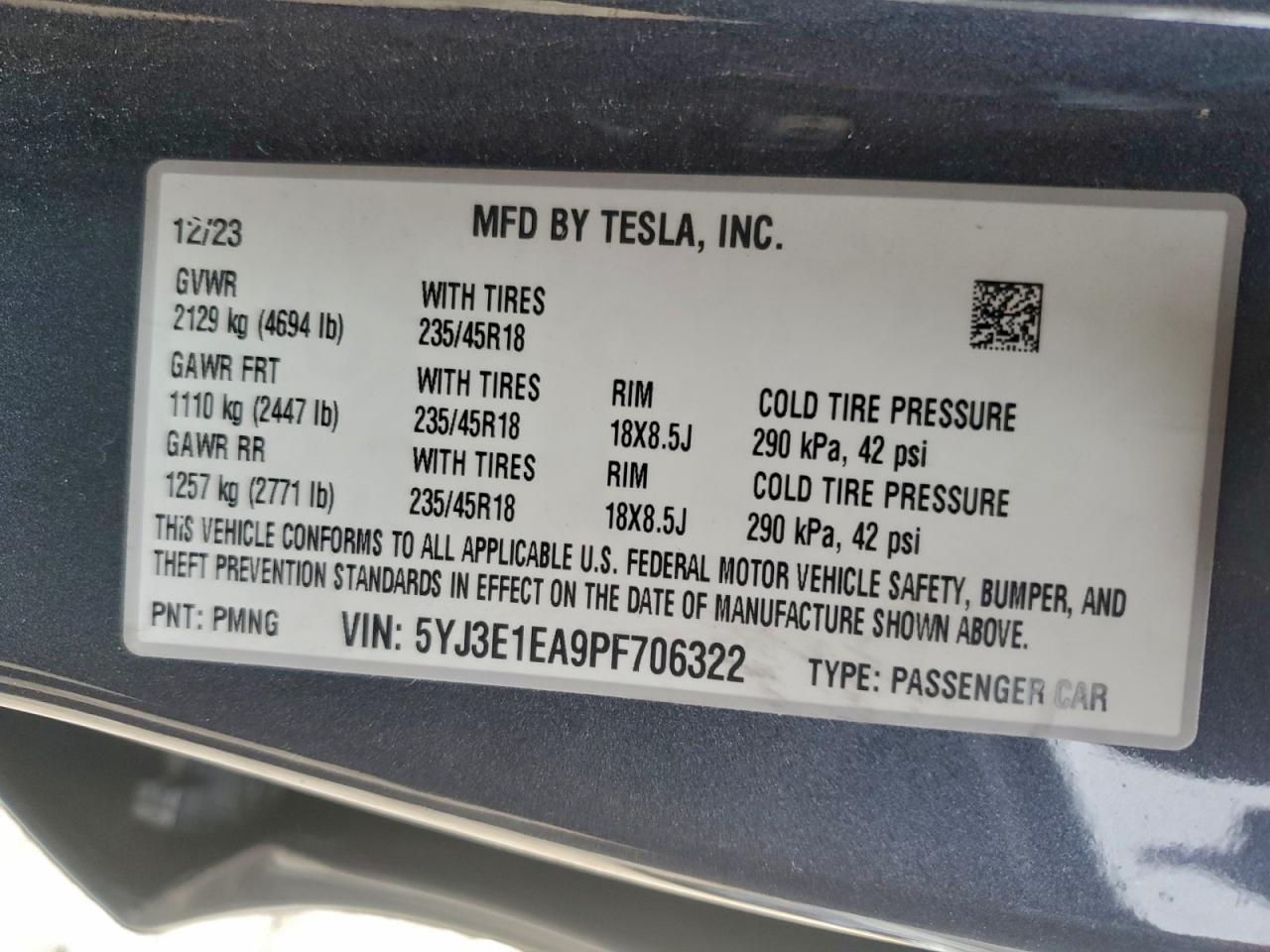 2023 Tesla Model 3 VIN: 5YJ3E1EA9PF706322 Lot: 92783715
