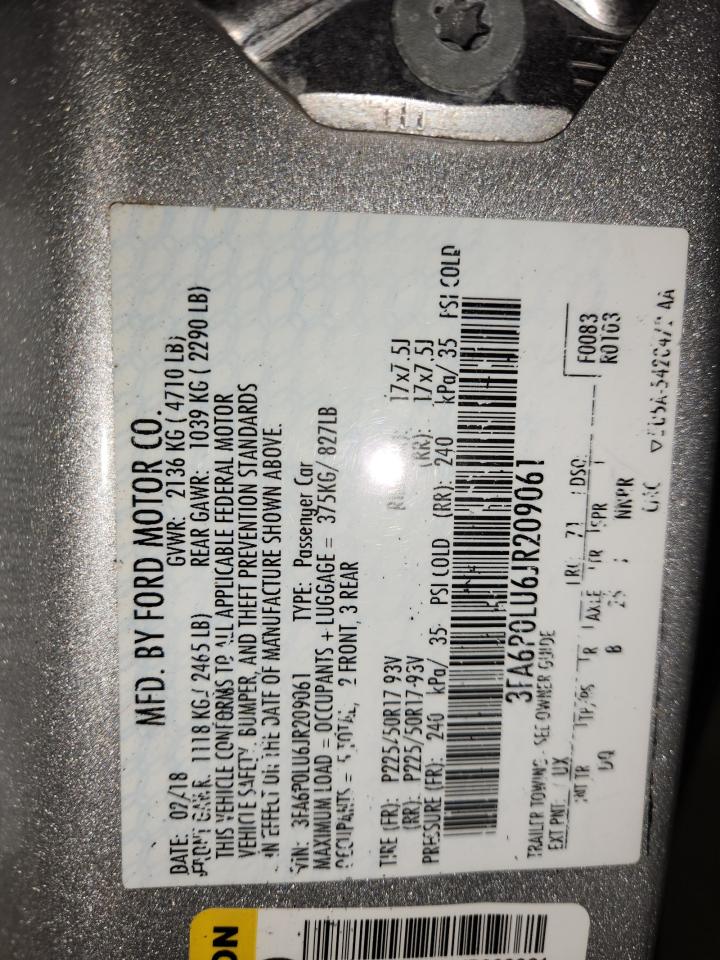 2018 Ford Fusion Se Hybrid VIN: 3FA6P0LU6JR209061 Lot: 91719795