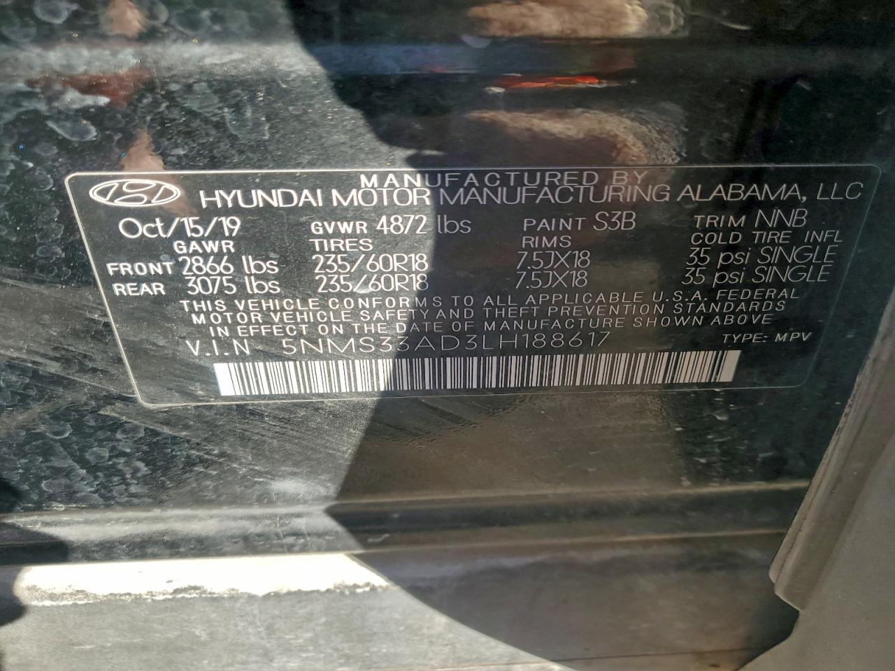 2020 Hyundai Santa Fe Sel VIN: 5NMS33AD3LH188617 Lot: 94386165