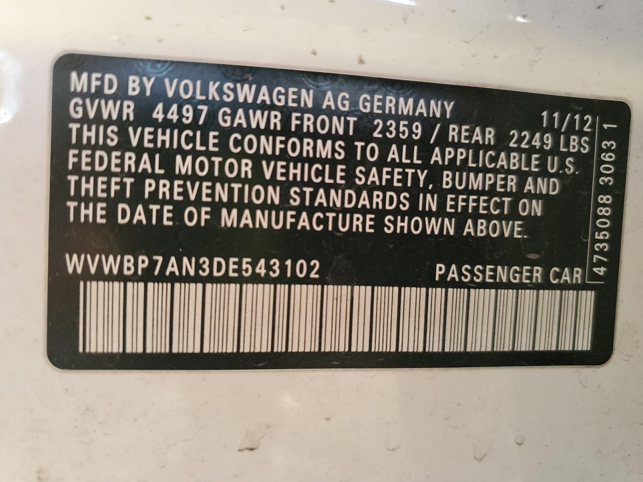 2013 Volkswagen Cc Sport VIN: WVWBP7AN3DE543102 Lot: 91031105