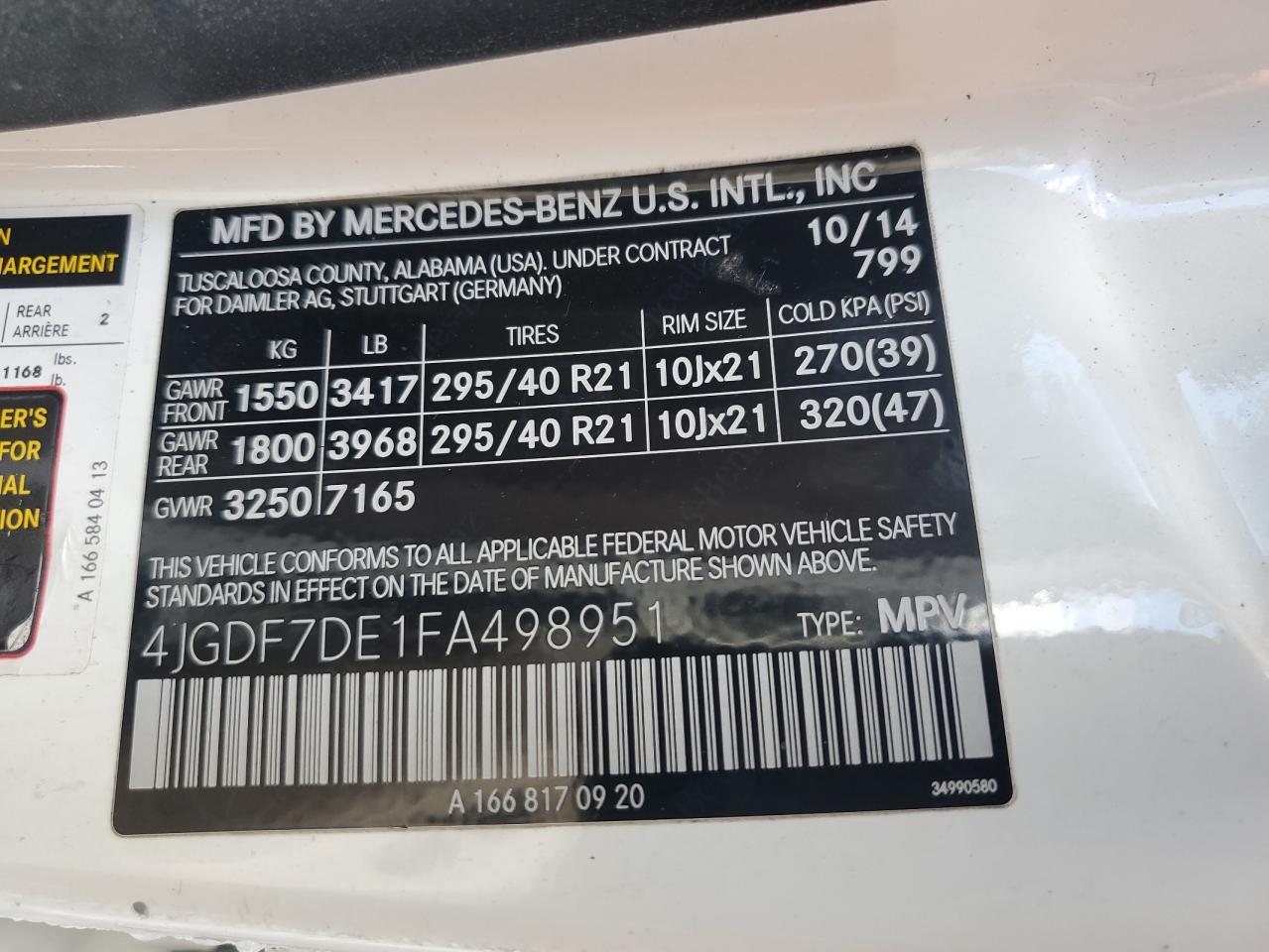 2015 Mercedes-Benz Gl 550 4Matic VIN: 4JGDF7DE1FA498951 Lot: 91496875