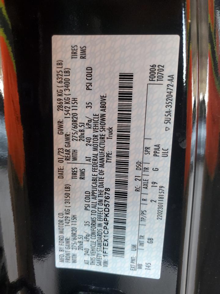 2023 Ford F150 Super Cab VIN: 1FTEX1CP4PKD57678 Lot: 92672605