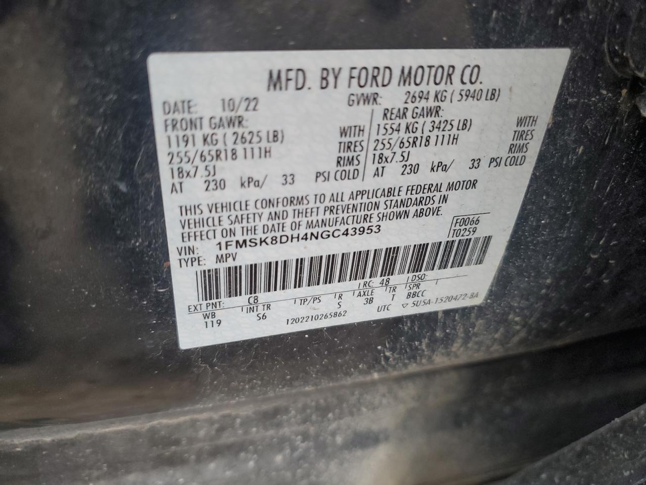 2022 Ford Explorer Xlt VIN: 1FMSK8DH4NGC43953 Lot: 93278445