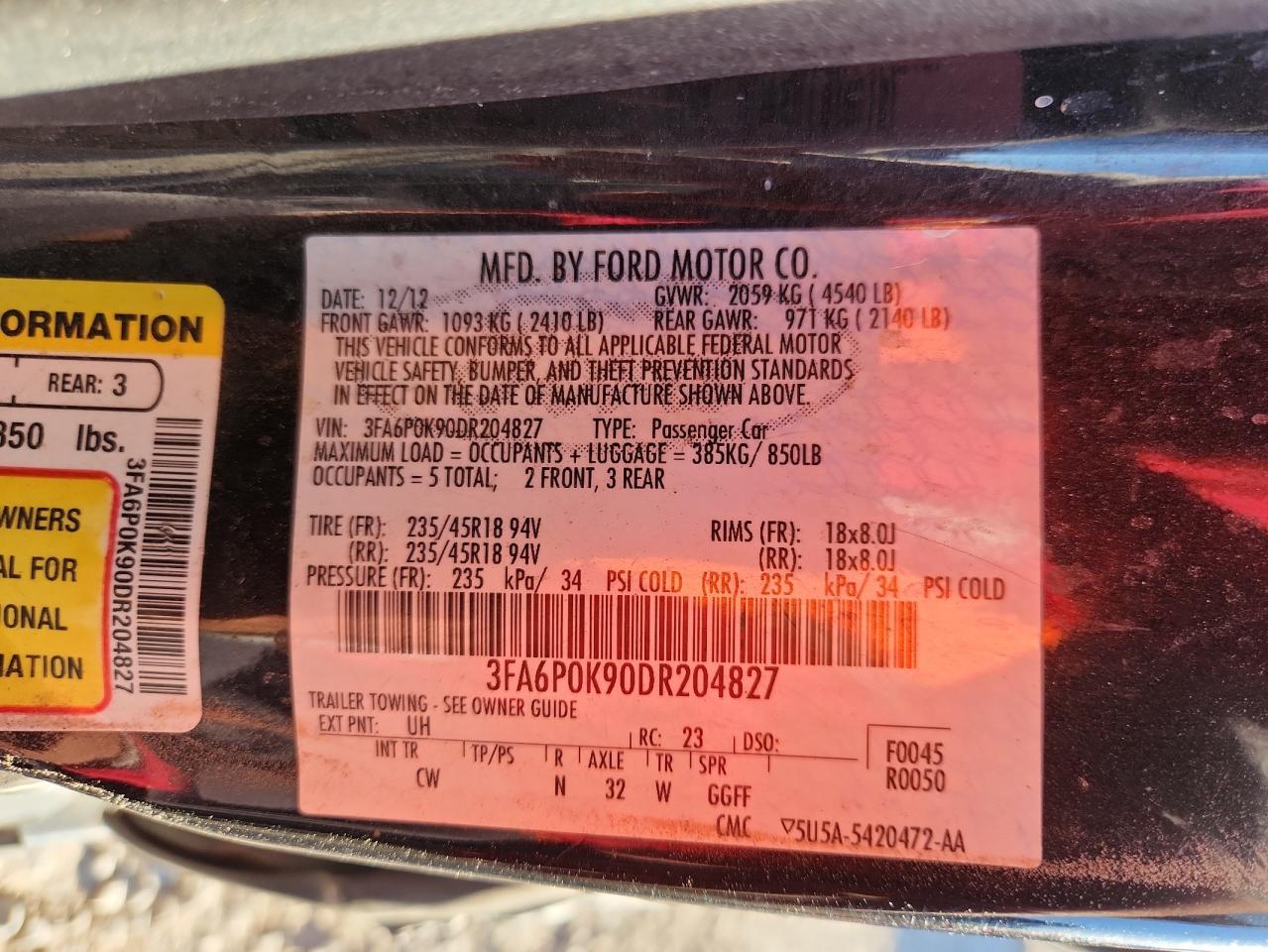 2013 Ford Fusion Titanium VIN: 3FA6P0K90DR204827 Lot: 89878675