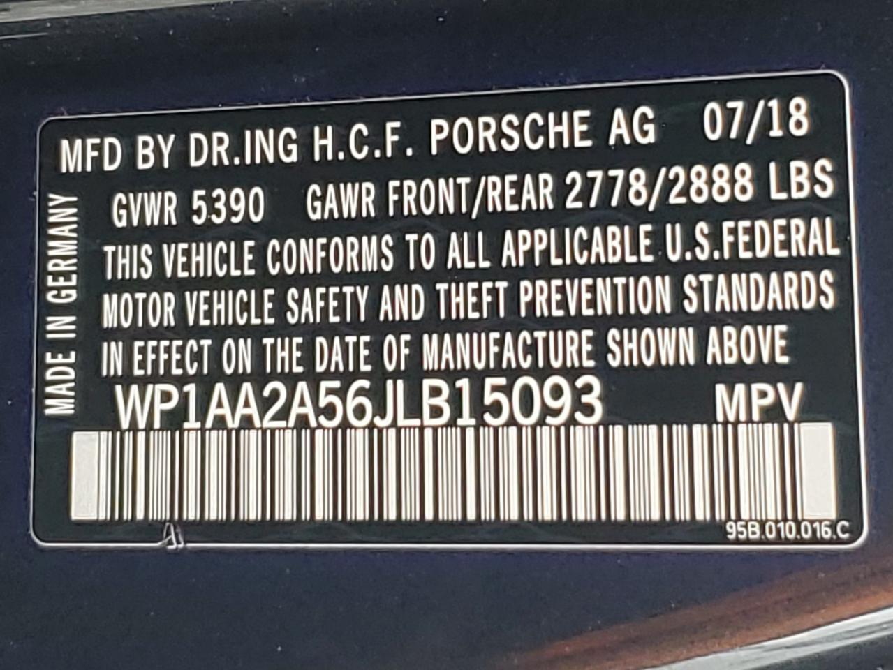 2018 Porsche Macan VIN: WP1AA2A56JLB15093 Lot: 93261215