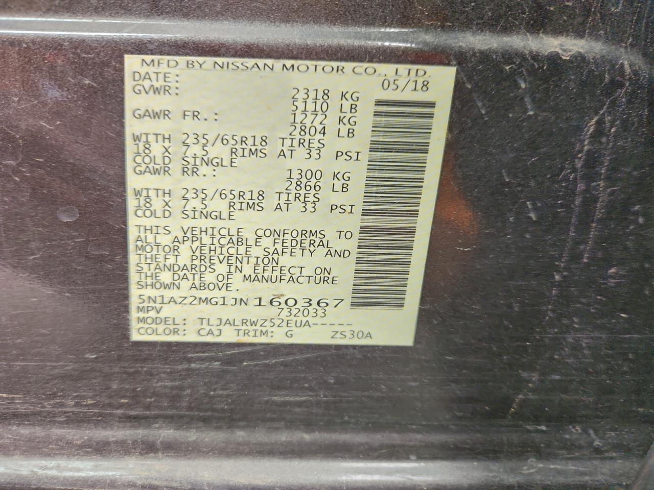 2018 Nissan Murano S VIN: 5N1AZ2MG1JN160367 Lot: 94105695