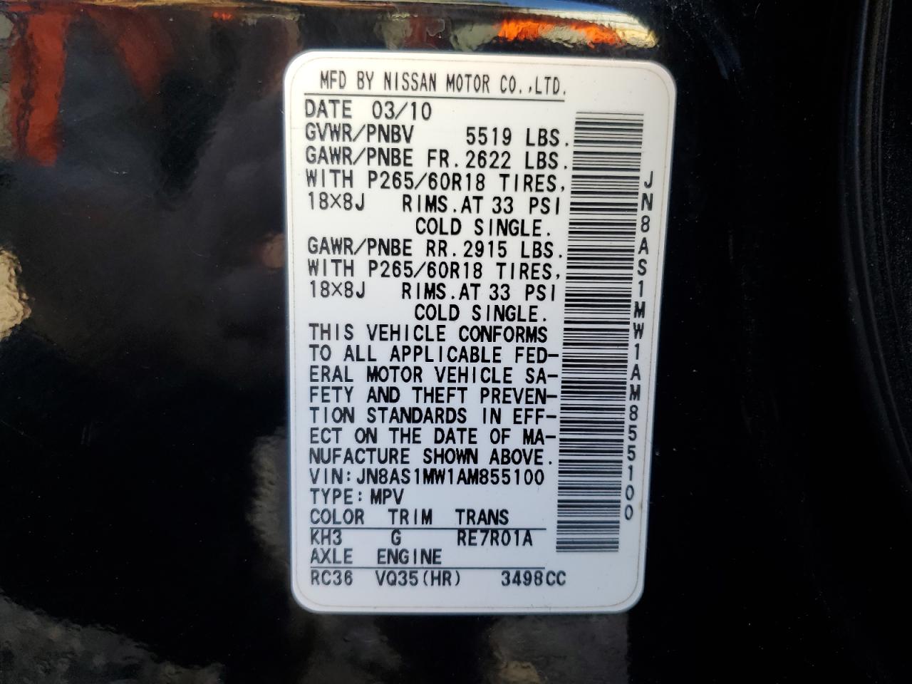 2010 Infiniti Fx35 VIN: JN8AS1MW1AM855100 Lot: 90511235