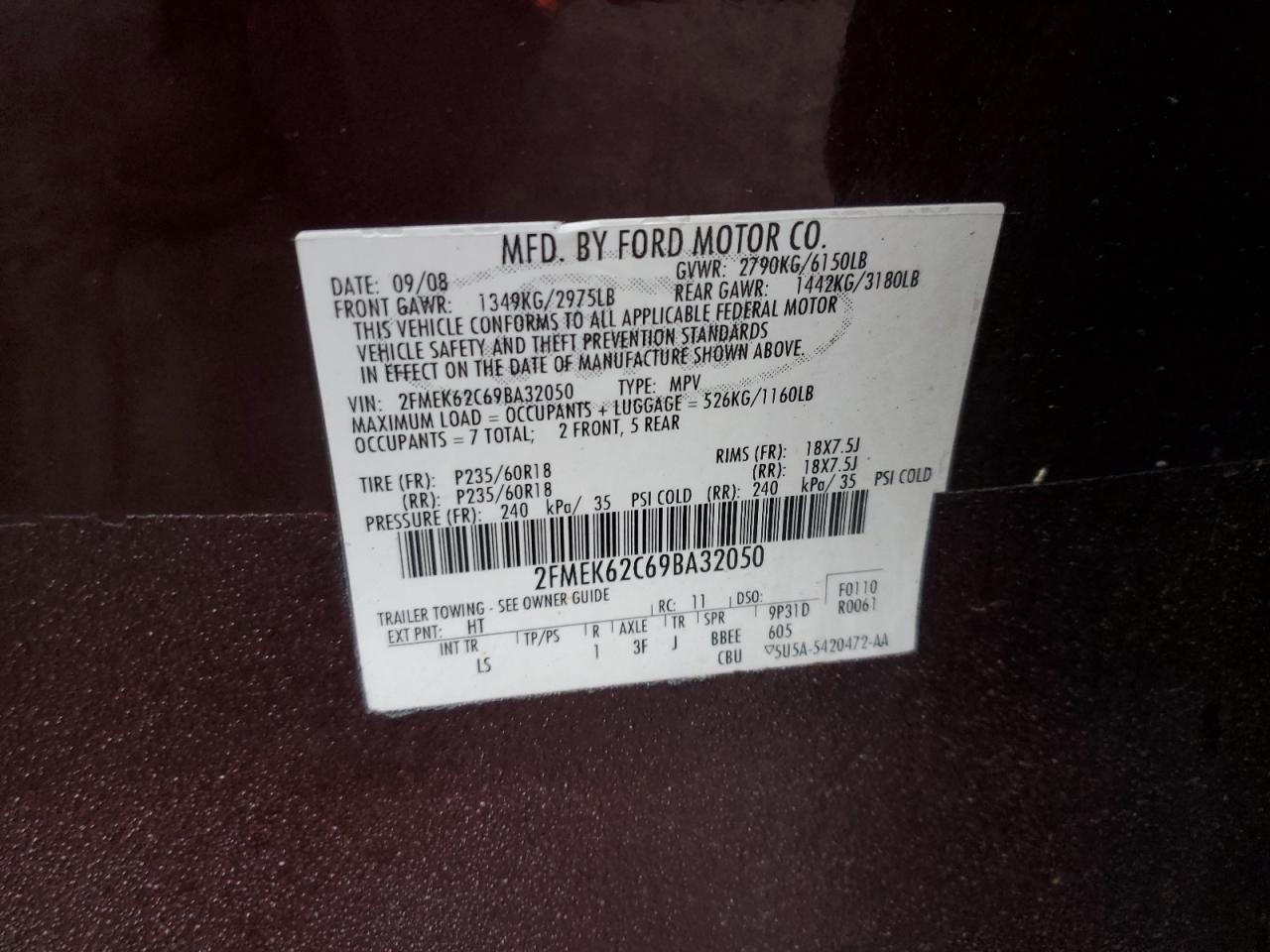 2009 Ford Flex Sel VIN: 2FMEK62C69BA32050 Lot: 91059855