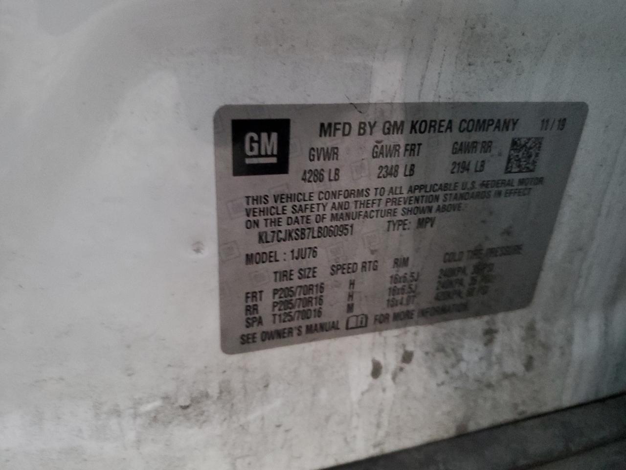 2020 Chevrolet Trax Ls VIN: KL7CJKSB7LB060951 Lot: 91820915