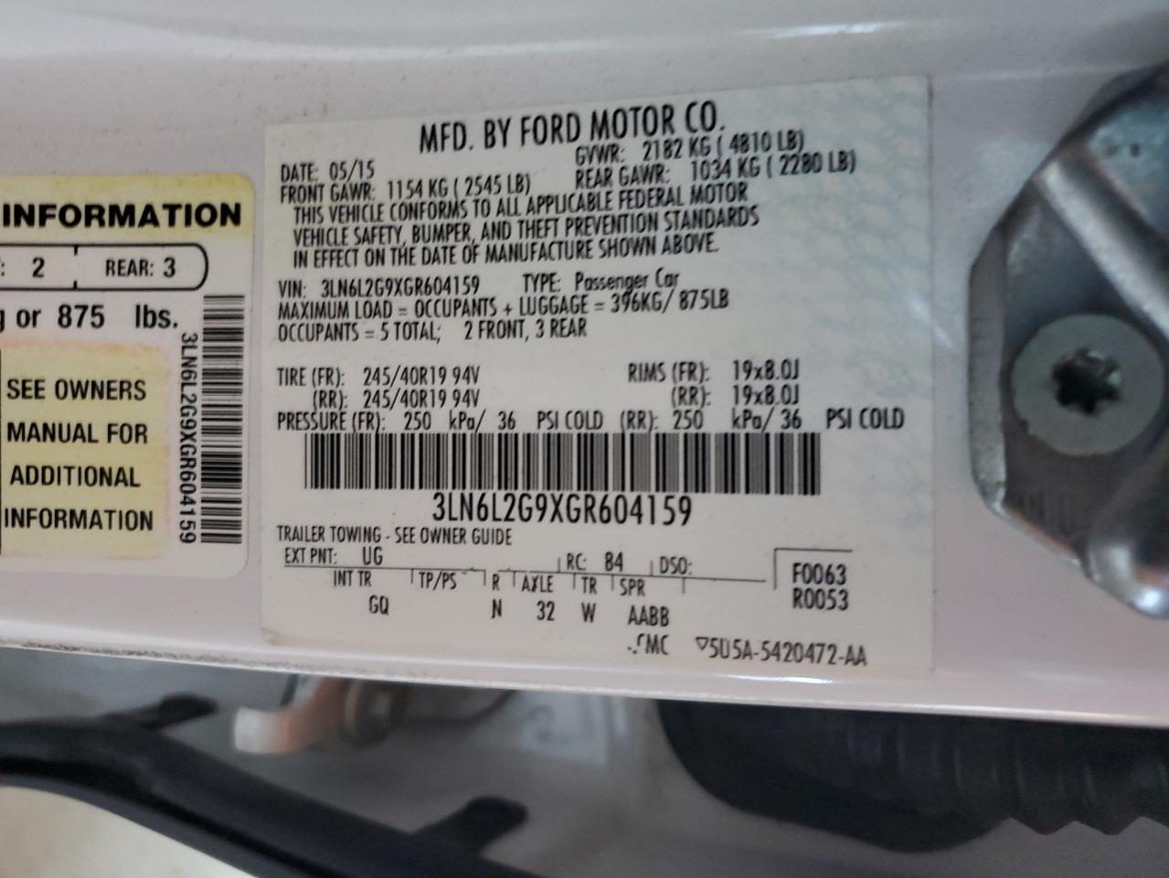 2016 Lincoln Mkz VIN: 3LN6L2G9XGR604159 Lot: 91358135