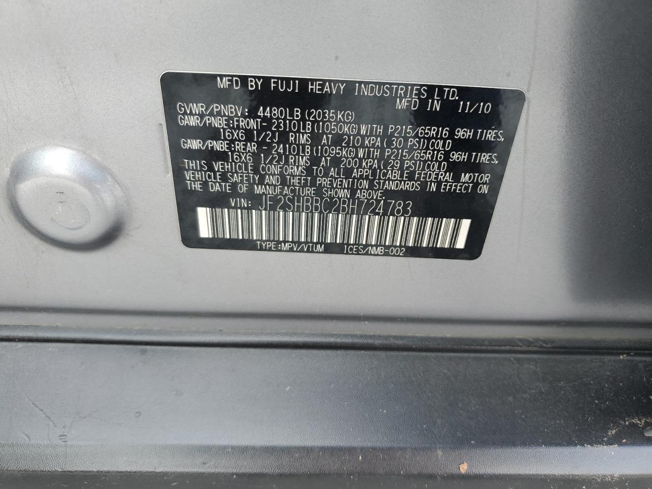 2011 Subaru Forester 2.5X VIN: JF2SHBBC2BH724783 Lot: 93056265