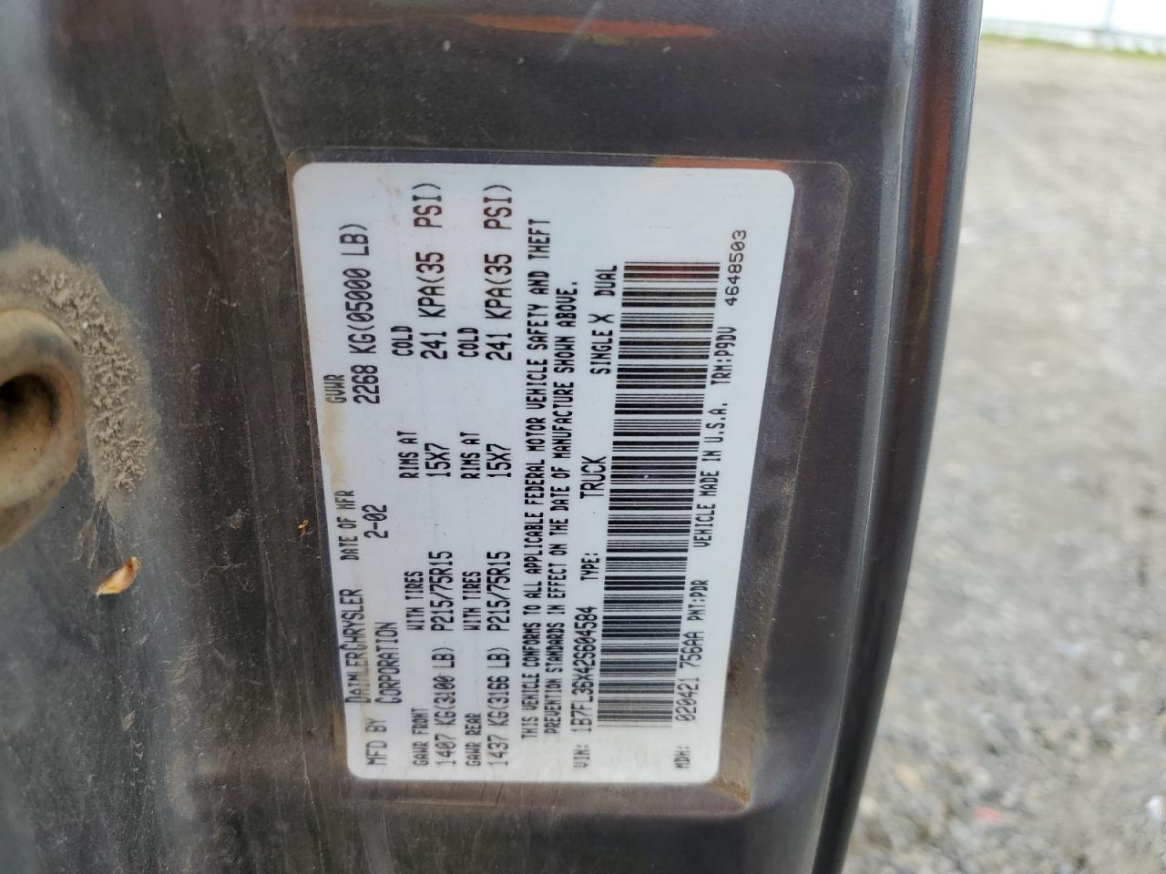 2002 Dodge Dakota Sport VIN: 1B7FL36X42S604584 Lot: 93287345