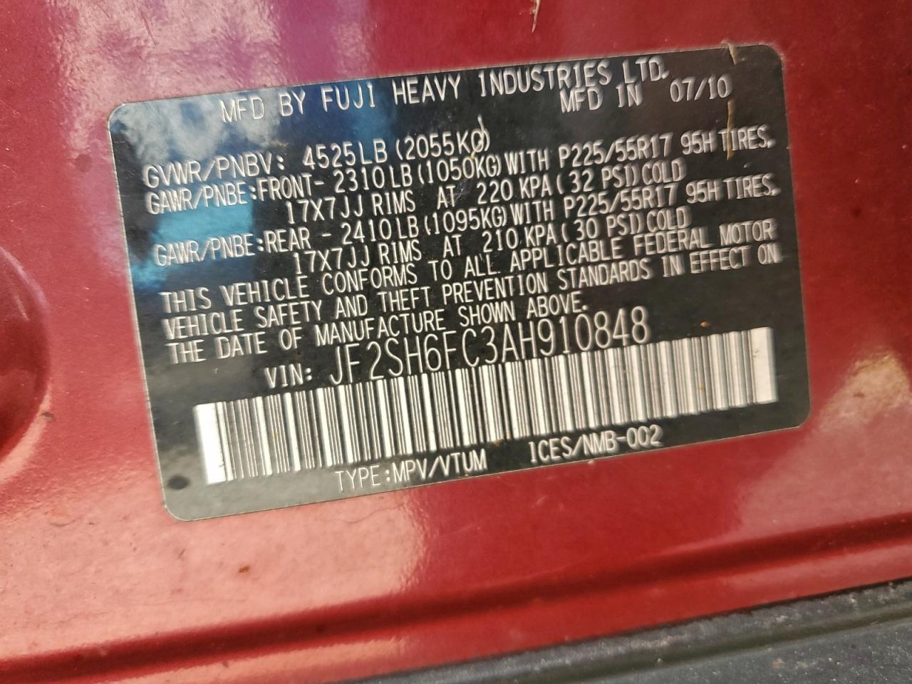 2010 Subaru Forester 2.5Xt Limited VIN: JF2SH6FC3AH910848 Lot: 93811885