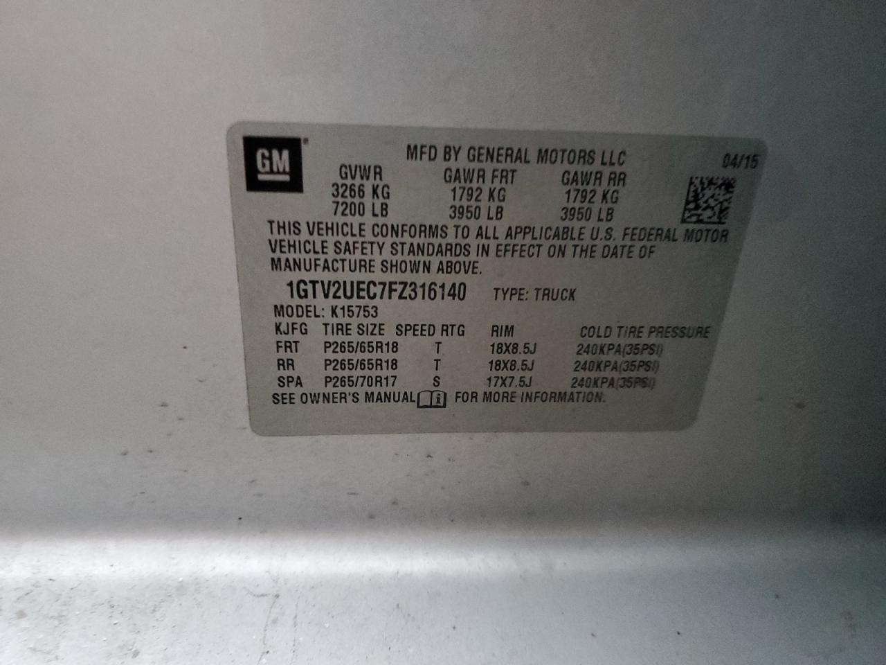 2015 GMC Sierra K1500 Sle VIN: 1GTV2UEC7FZ316140 Lot: 91689285