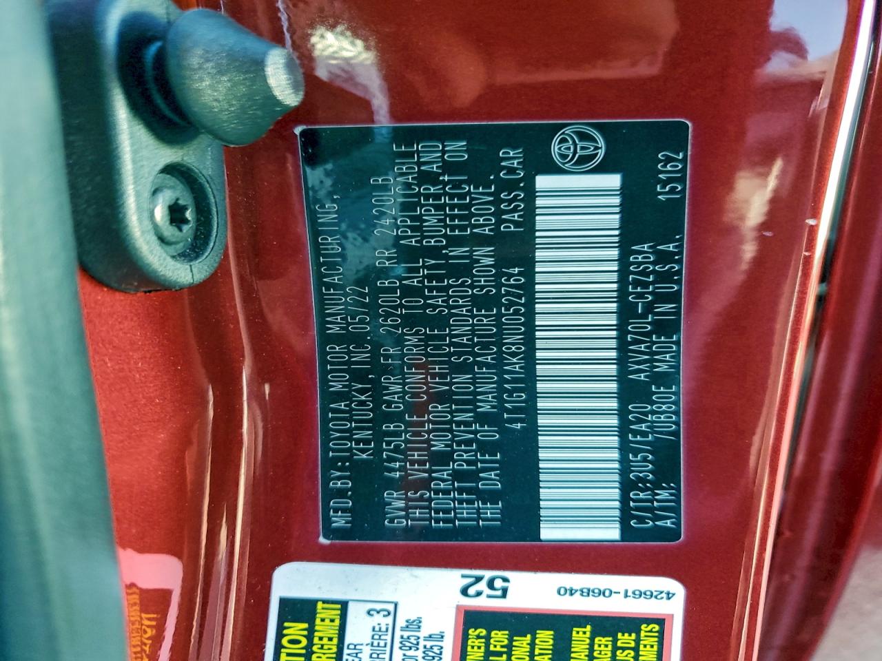 2022 Toyota Camry Se VIN: 4T1G11AK8NU052764 Lot: 94454705