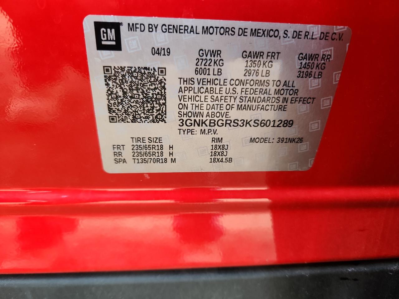 2019 Chevrolet Blazer 2Lt VIN: 3GNKBGRS3KS601289 Lot: 93125475