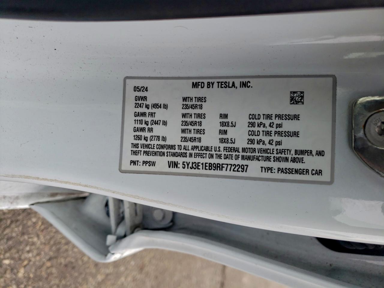 2024 Tesla Model 3 VIN: 5YJ3E1EB9RF772297 Lot: 92964285