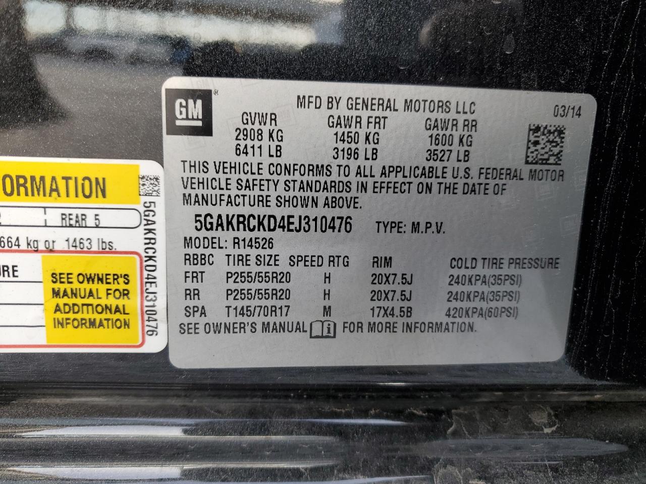 2014 Buick Enclave VIN: 5GAKRCKD4EJ310476 Lot: 92519965