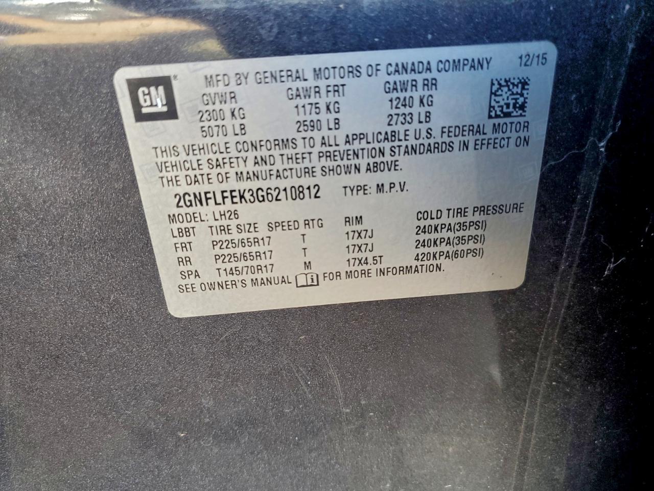 2016 Chevrolet Equinox Lt VIN: 2GNFLFEK3G6210812 Lot: 94261605