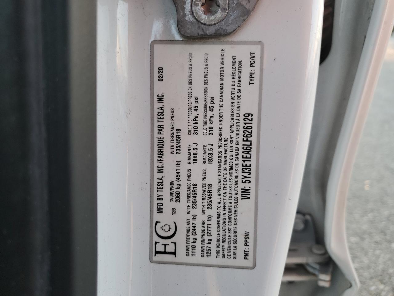 2020 Tesla Model 3 VIN: 5YJ3E1EA6LF626129 Lot: 93535055