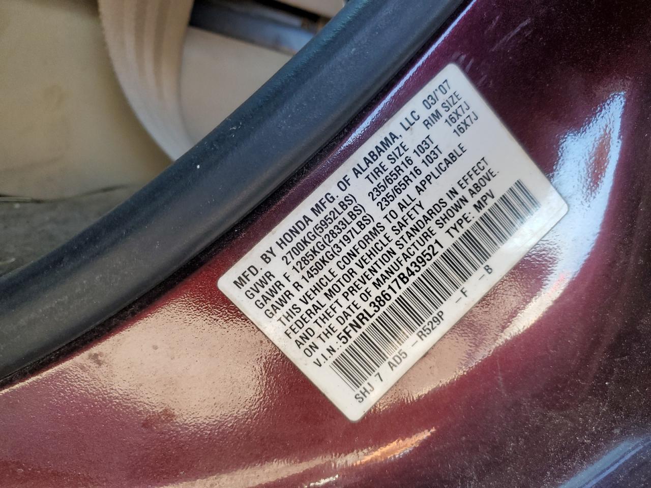 2007 Honda Odyssey Exl VIN: 5FNRL38617B439521 Lot: 92228495