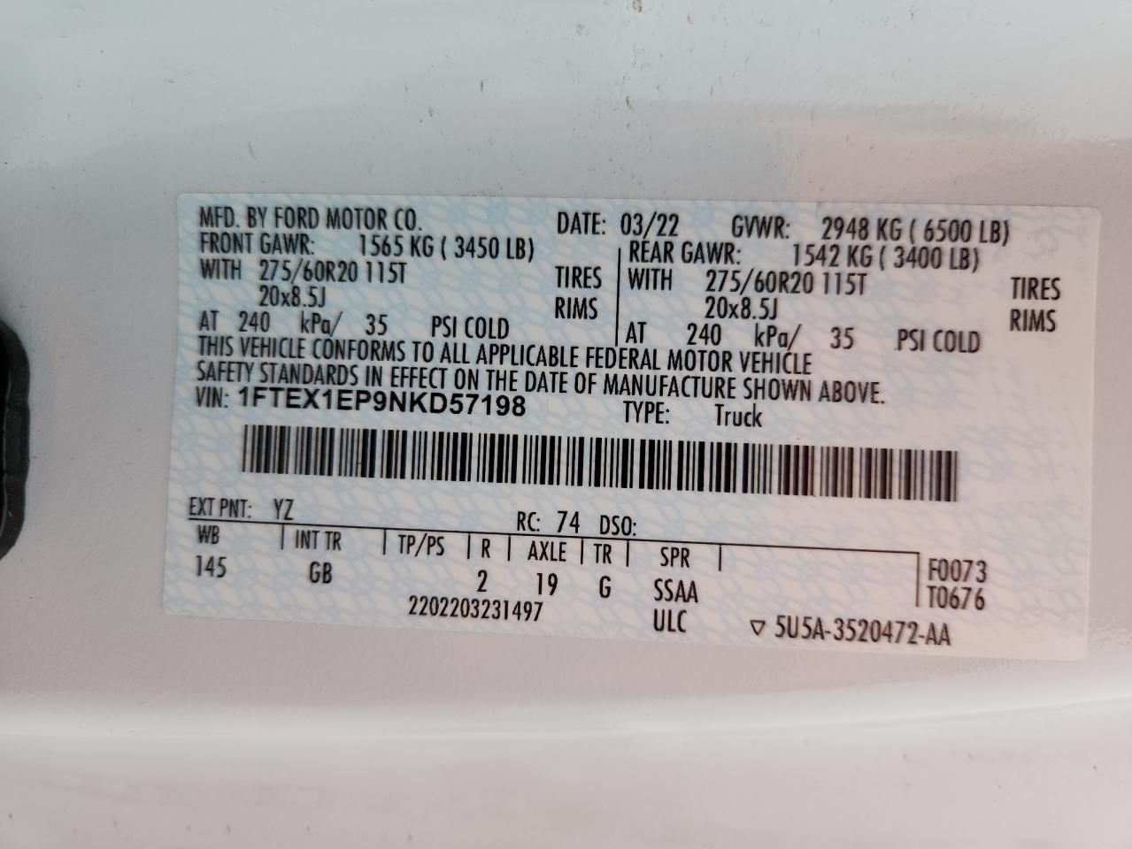 2022 Ford F150 Super Cab VIN: 1FTEX1EP9NKD57198 Lot: 92529595