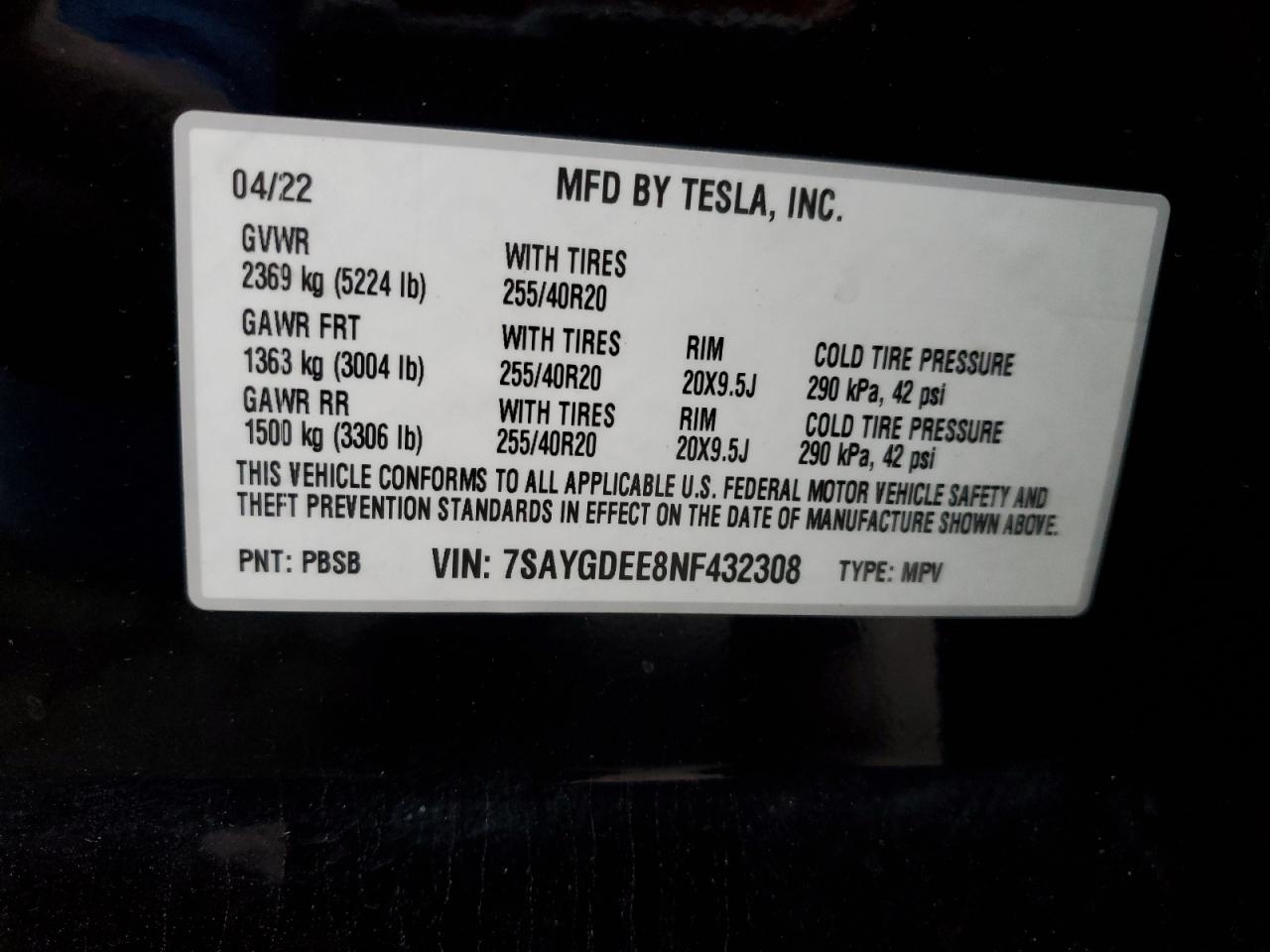 2022 Tesla Model Y VIN: 7SAYGDEE8NF432308 Lot: 92918905