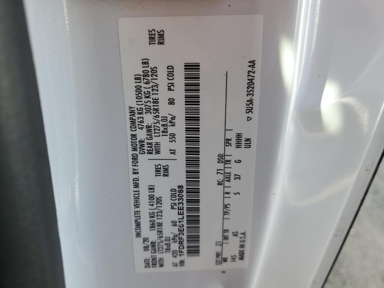 2020 Ford F350 Super Duty VIN: 1FDRF3E61LEE33088 Lot: 90901285