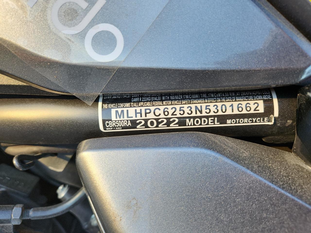 2022 Honda Cbr500 Ra VIN: MLHPC6253N5301662 Lot: 92789385