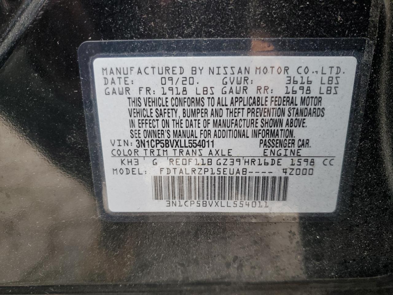 2020 Nissan Kicks S VIN: 3N1CP5BVXLL554011 Lot: 93596285