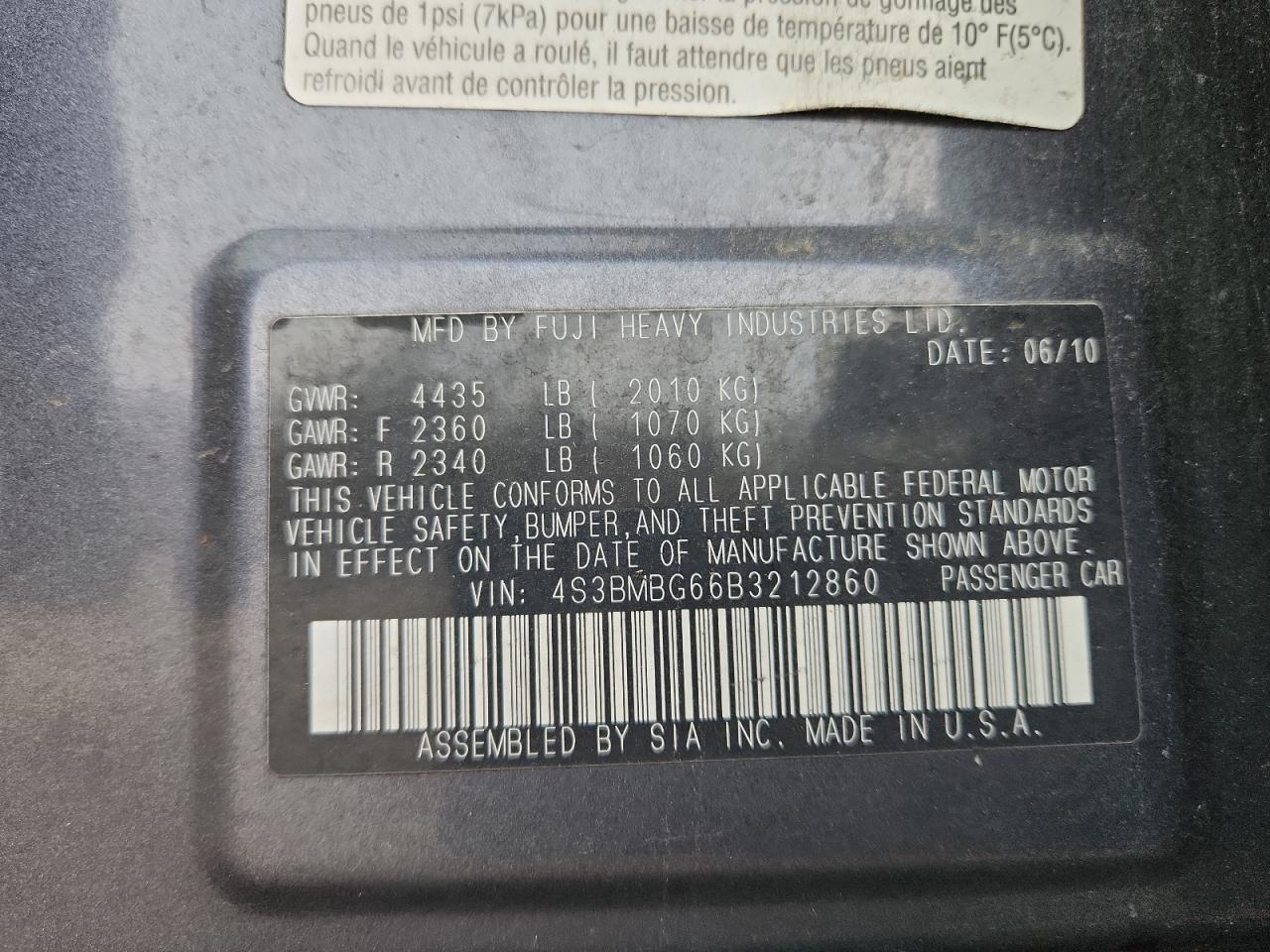 2011 Subaru Legacy 2.5I Premium VIN: 4S3BMBG66B3212860 Lot: 91732715