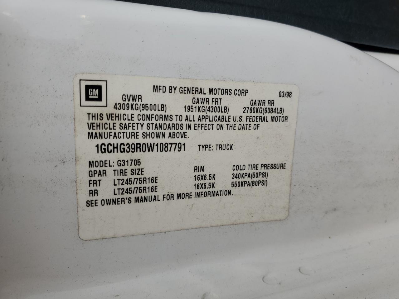 1998 Chevrolet Express Delivery Van VIN: 1GCHG39R0W1087791 Lot: 91938335