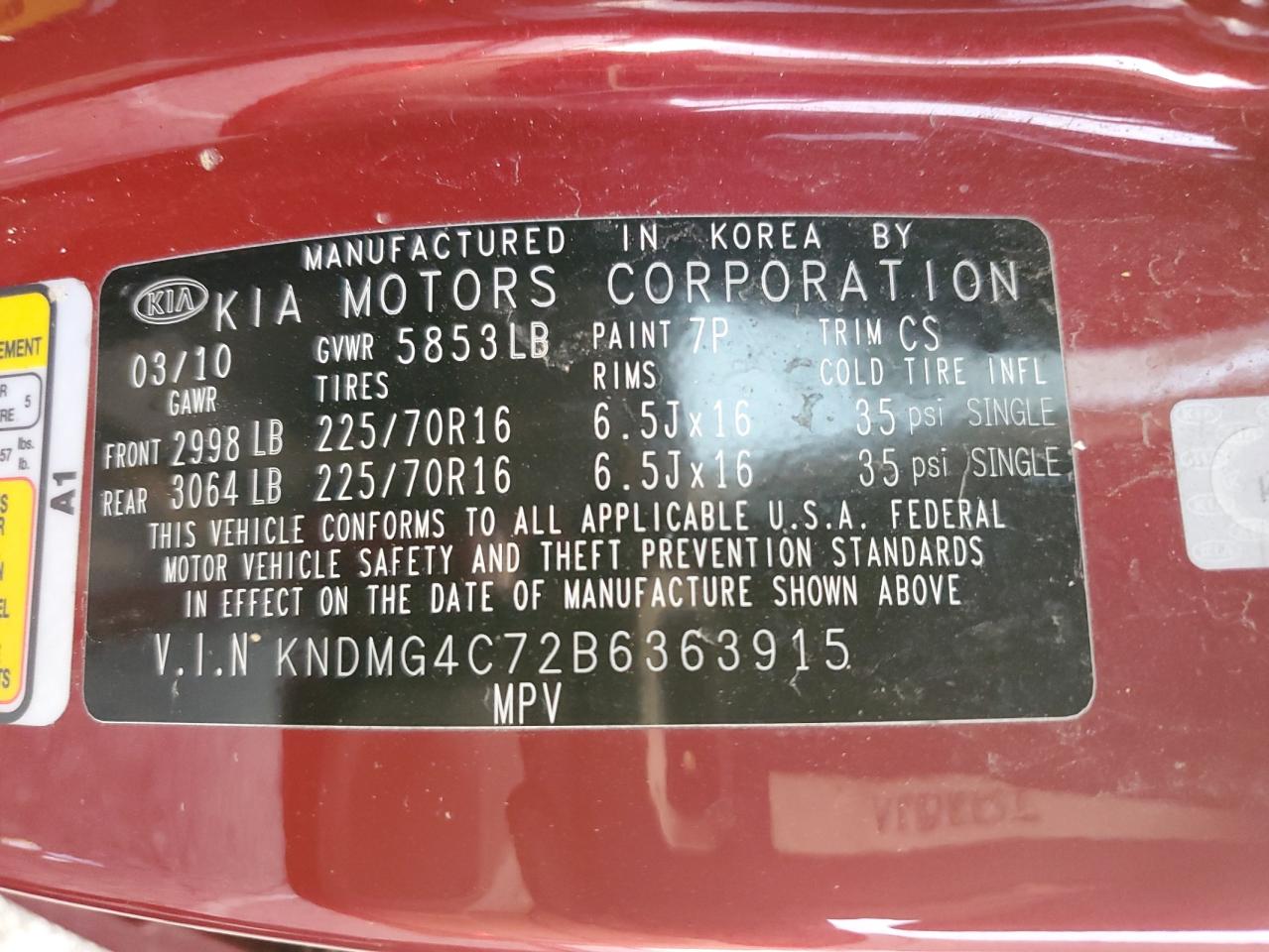 2011 Kia Sedona Lx VIN: KNDMG4C72B6363915 Lot: 92498385