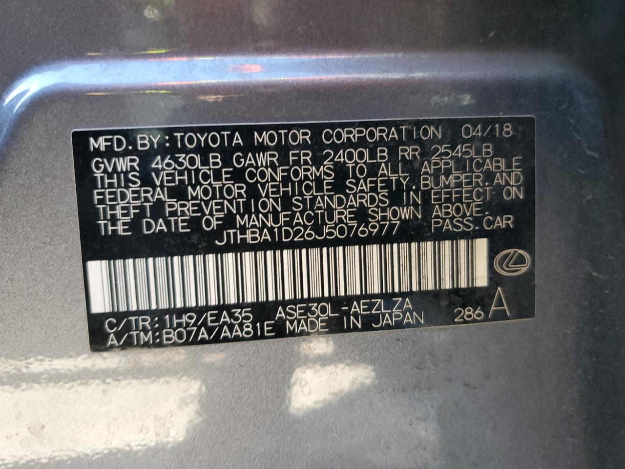 2018 Lexus Is 300 VIN: JTHBA1D26J5076977 Lot: 91495655