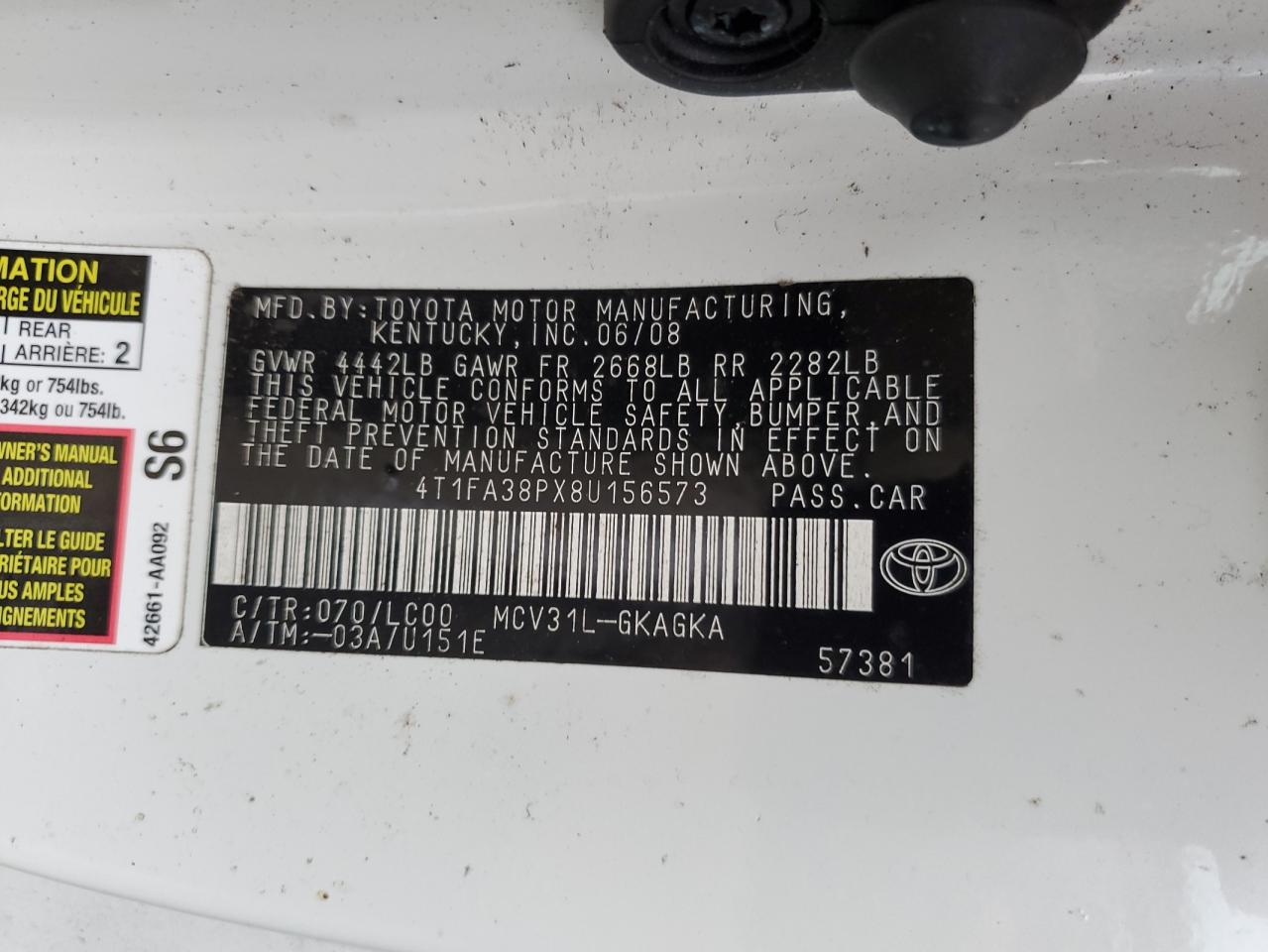 2008 Toyota Camry Solara Se VIN: 4T1FA38PX8U156573 Lot: 90903625