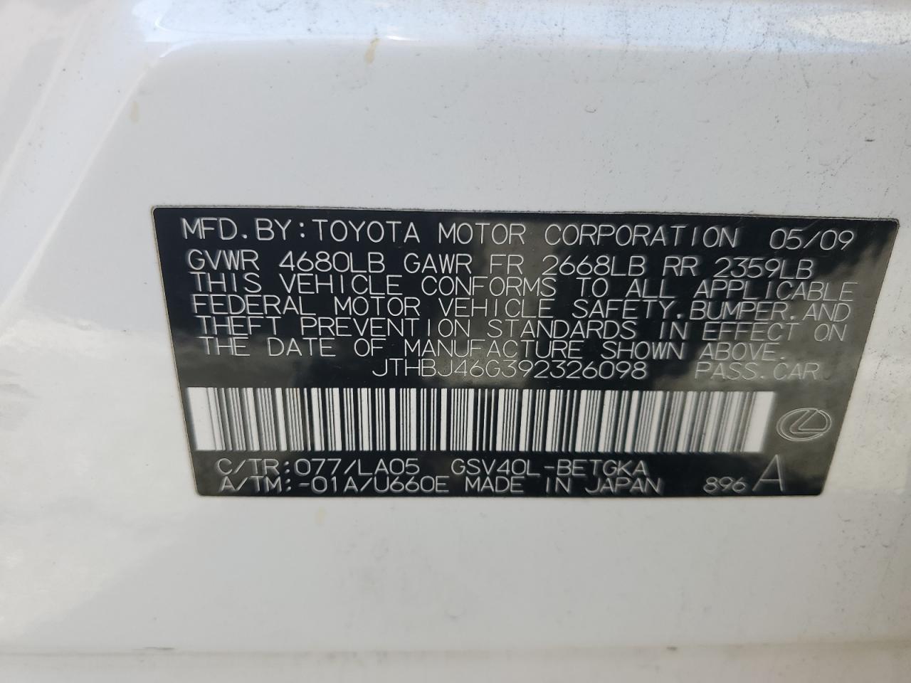 2009 Lexus Es 350 VIN: JTHBJ46G392326098 Lot: 92116305