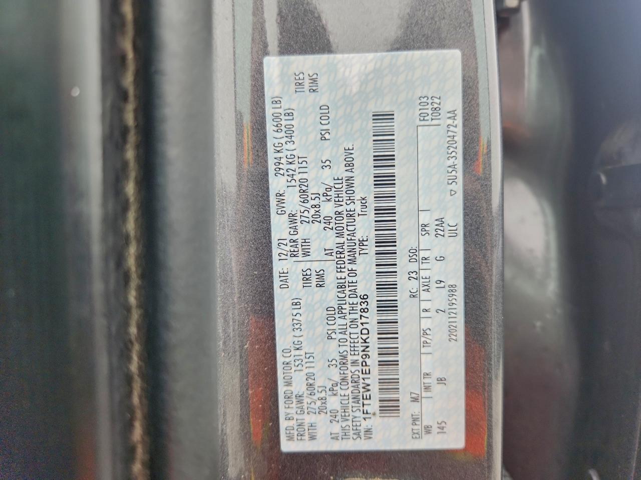 2022 Ford F150 Supercrew VIN: 1FTEW1EP9NKD17836 Lot: 93532725